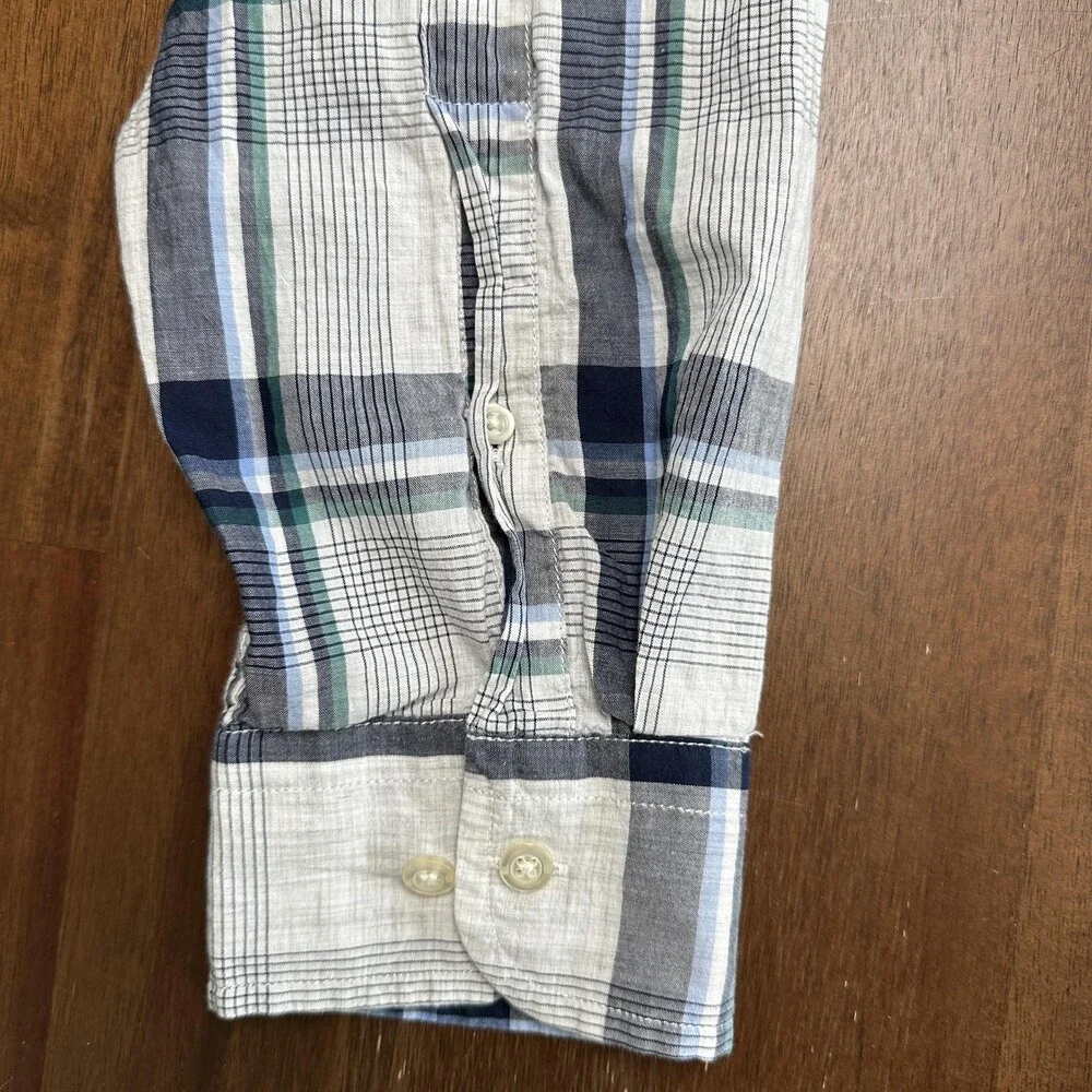 Banana Republic Untucked Shirt Mens XL Tall Blue Green Plaid Standard Fit Casual